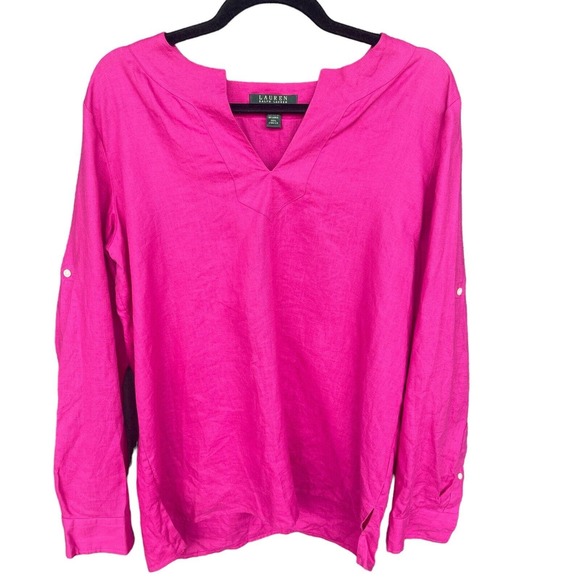 LRL Lauren Ralph Lauren Top Womens Large Pink Linen V-neck Long Sleeve Roll Tab - Picture 1 of 9